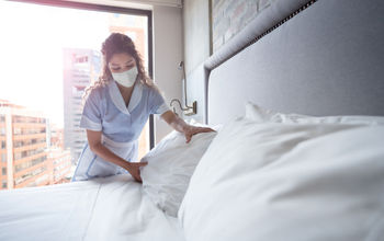 Maid, housekeeping, housekeeper, hotel, bed, mask, cleaning, room