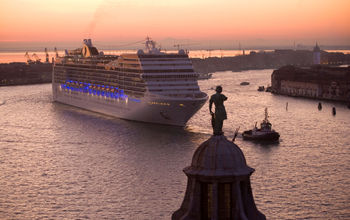 A cruise ship sailing the Giudecca Canal in Venice