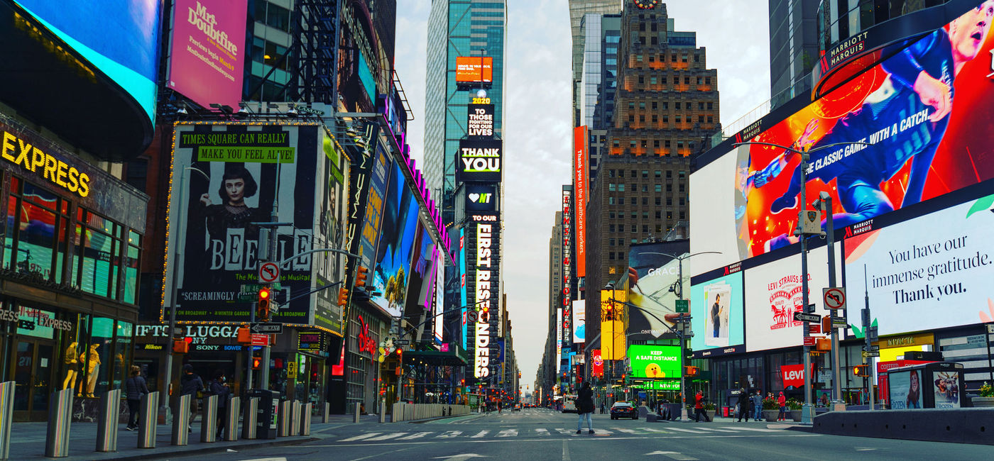 Image: Times Square during the coronavirus pandemic. (photo via Leo Cunha Media/iStock/Getty Images Plus)