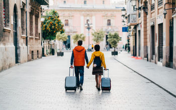 Tourist couple traveling the world.