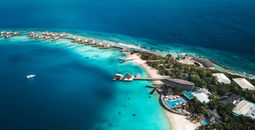 Aerial view over a resort in the Maldives.