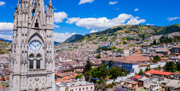 Ecuador, city view of Quito from gothic Basilica del Voto Nacional clock tower