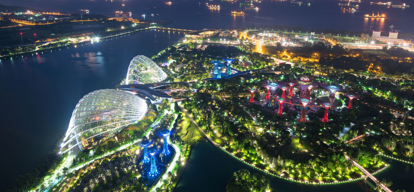 Image: Aerial night view of Gardens by the Bay in Singapore. (Photo via ake1150sb / iStock / Getty Images Plus)