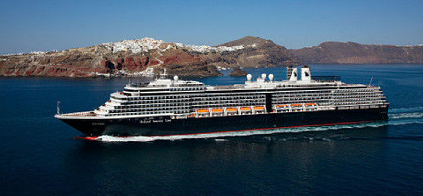 Image: An aerial view of Holland America Line's Westerdam in Santorini. (Photo Credit: Holland America Line)