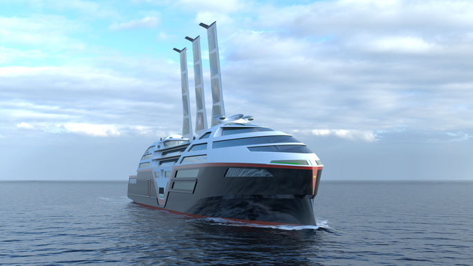 A rendering of what Sea Zero's wind and solar sails will look like when fully extended. Sea Zero, VARD, Hurtigruten, Hurtigruten Norway, sustainable expedition ships, sustainable cruise ships,