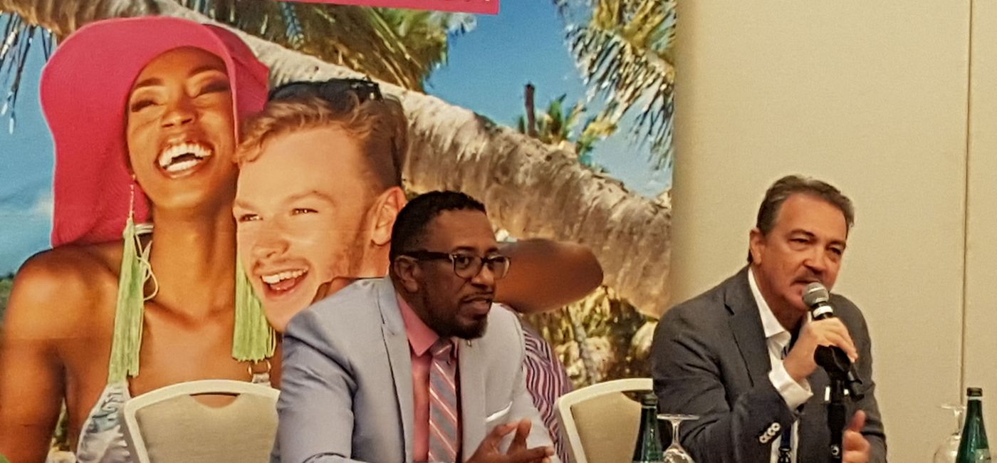 Image: "If interested travelers can't book a flight or room, they will understand exactly why." - Charles Fernandez, Antigua and Barbuda tourism minister (right) with ABTA CEO Colin James. (Photo by Brian Major)