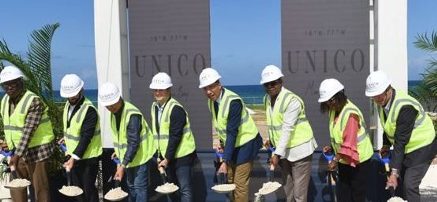 Image: Jamaica's Prime Minister Andrew Holness (fourth from right) and Minister of Tourism Edmund Bartlett (third from right) in the groundbreaking ceremony for Unico Montego Bay. (Jamaica Ministry of Tourism)