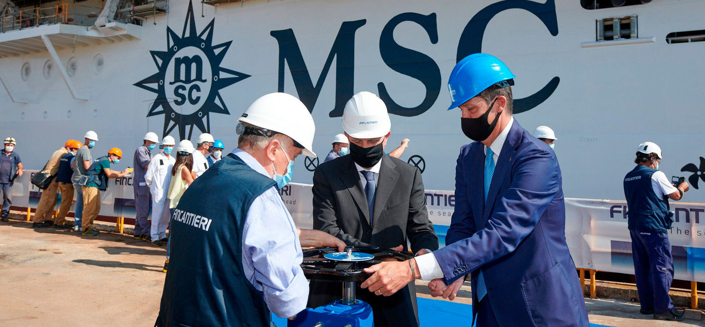 Image: MSC Seashore meets water for the first time at the Fincantieri shipyard in Italy. (Photo courtesy of MSC Cruises)