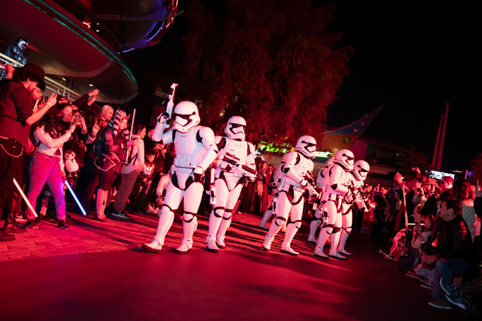 Stormtroopers stroll the streets at the Disneyland After Dark: Star Wars Nite special event. Disneyland After Dark, Star Wars Nite, Stormtroopers, Disneyland Resort, special, events, after-hours, nighttime, evenings, separately ticketed