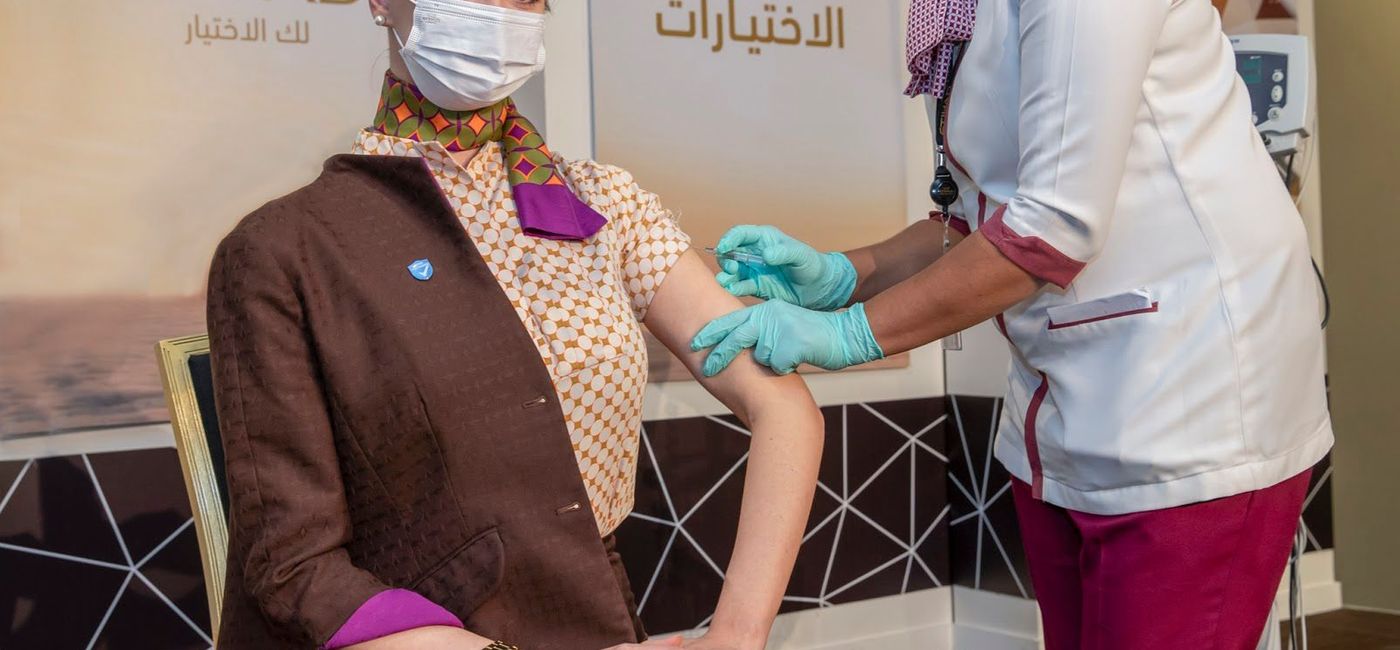 Image: PHOTO: Etihad Cabin Crew Receives COVID-19 Vaccine. (photo via Etihad Airways) ((photo via Etihad Airways))