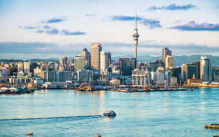 Auckland, New Zealand, skyline at dawn.