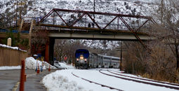 Amtrak train in the snow.