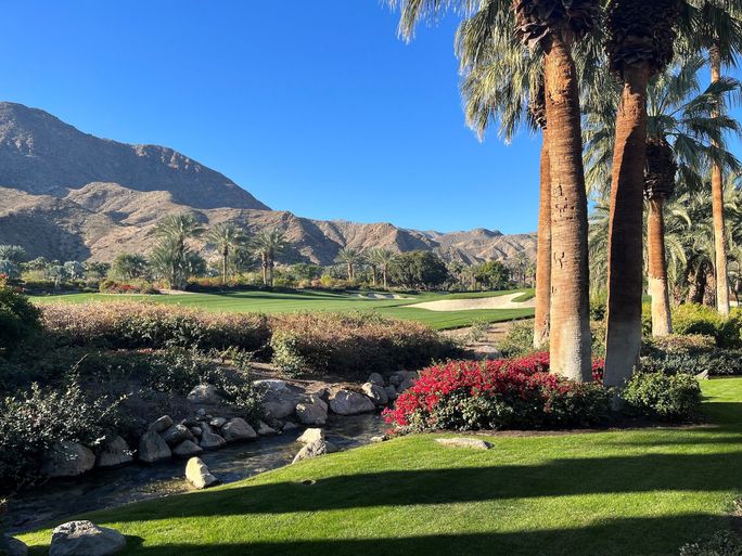 View of Sensei Porcupine Creek from a luxurious villa patio, Rancho Mirage, California. Sensei Porcupine Creek, Rancho Mirage, Palm Springs, golf courses, luxury, wellness, resorts, hotels, retreats, villas