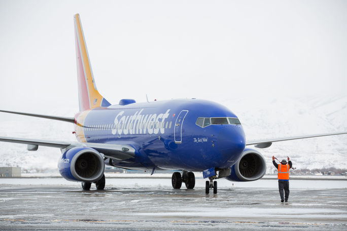 Southwest Airlines jet at Salt Lake City International Airport, Utah. Southwest Airlines jet at Salt Lake City International Airport, Utah.