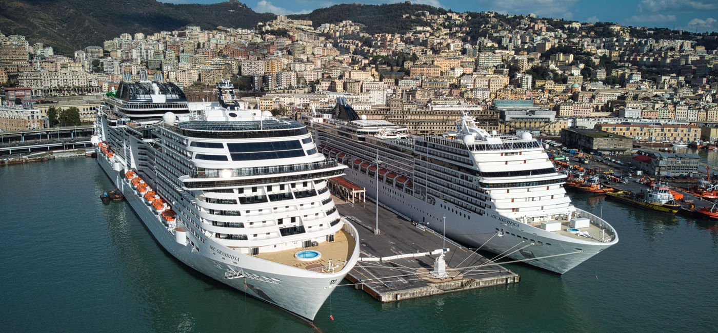 Image: MSC Grandiosa docked in Genoa, Italy. (photo courtesy of MSC Cruises) (MSC Grandiosa)