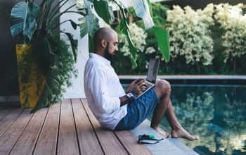 remote work, remote, digital nomad, bleisure, workcation, workation, computer, laptop, pool