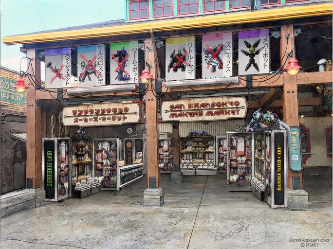 Maker's Market, where guests can find park-exclusive merchandise in San Fransokyo Square, Disney California Adventure Park at Disneyland Resort. Maker's Market, Big Hero 6, San Fransokyo Square, Disney California Adventure Park, Disneyland Resort