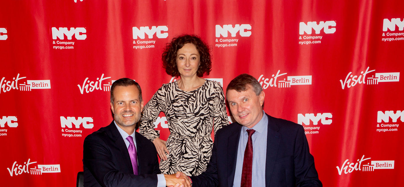 Image: PHOTO: Fred Dixon, NYC & Company President and CEO (left); Ramona Pop, Deputy Mayor/Senator for Economics, Energy and Public Enterprises of Berlin (middle); Burkhard Kieker, CEO of visitBerlin (right). (photo by Brittany Petronella)