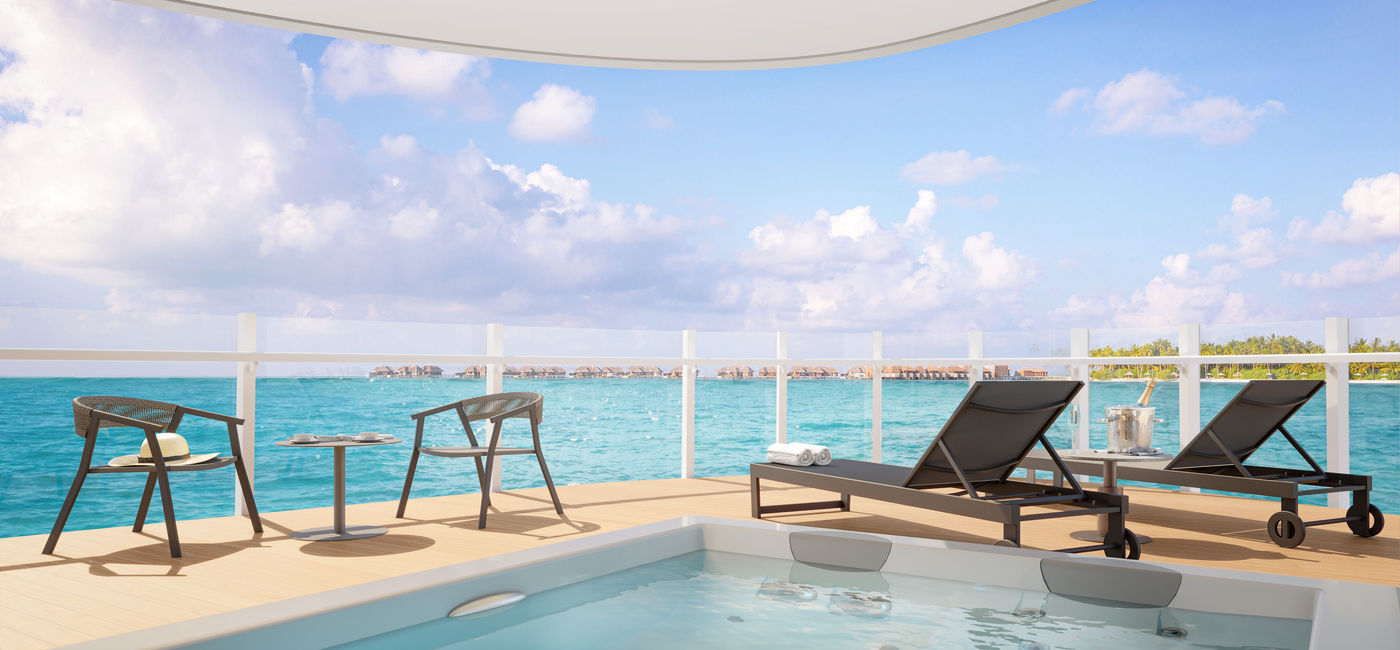 Image: The Otium Suite on Silver Nova has a 431-square-foot balcony with private whirlpool. (Rendering via Silversea Cruises)
