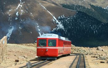 Colorado's historic Broadmoor Manitou and Pikes Peak Cog Railway climbing its Rocky Mountain track.
