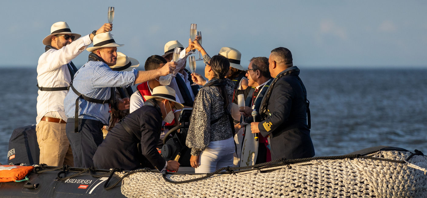 Image: Silversea and Royal Caribbean Group executives, along with Galapagos Islands dignitaries and members of the media watched the christening ceremony from the Silver Origin's Zodiac rafts. (Photo via Silversea Cruises)