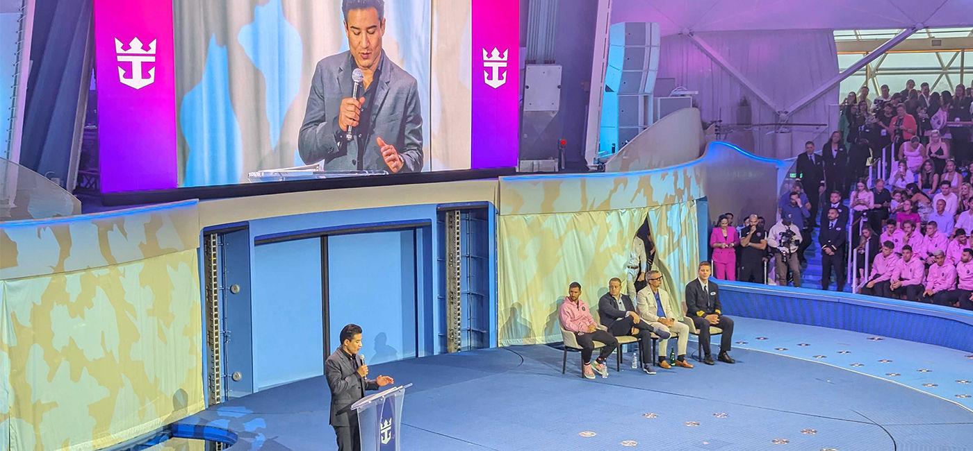 Image: Mario Lopez serves as host for the Icon of the Seas naming ceremony at PortMiami. (Photo Credit: Eric Bowman)