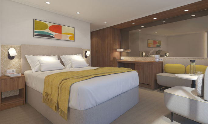 A rendering of the Panorama Suite onboard the Avalon Alegria. douro river ships, avalon alegria, avalon waterways