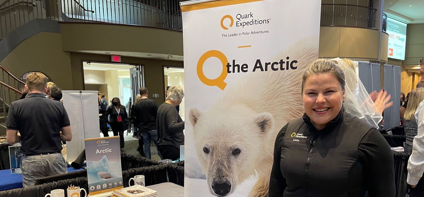 Image: Quark Expeditions regional sales manager Cara Matthew welcome agents at the TravelBrands launch in Toronto. (Bruce Parkinson)