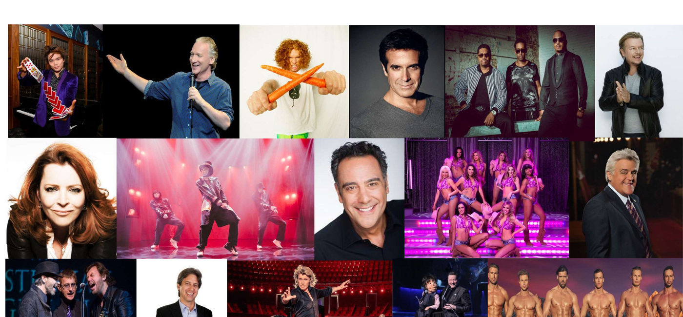 Image: (Top L-R) Shin Lim, Bill Maher, Carrot Top, David Copperfield, Boyz II Men, David Spade. (Middle L-R) Kathleen Madigan, Jabbawockeez, Brad Garrett, Fantasy, Jay Leno. (Bottom L-R) Australian Bee Gees, Ray Romano, Hans Klok, Terry Fator, Thunder from Down Under. (Photo courtesy of MGM Resorts)