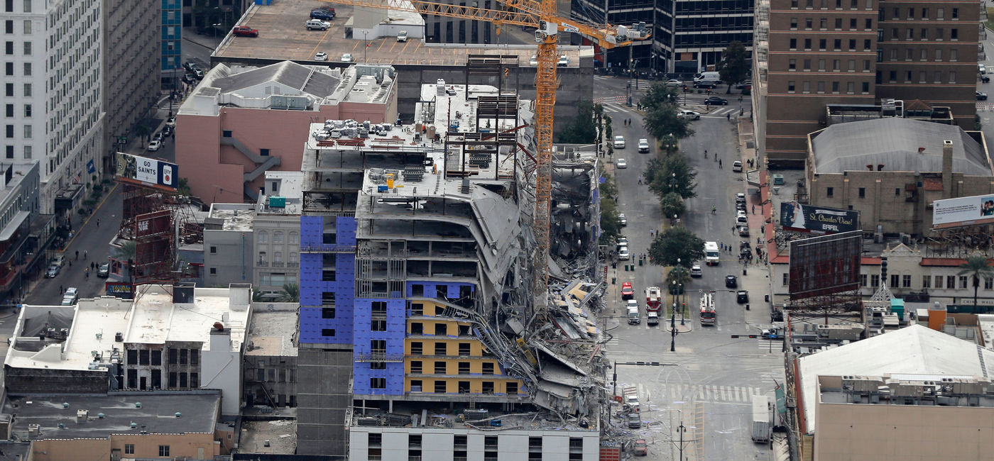 Image: This aerial photo shows the Hard Rock Hotel, which was under construction, after a fatal partial collapse in New Orleans, Saturday, Oct. 12, 2019. (AP Photo/Gerald Herbert)