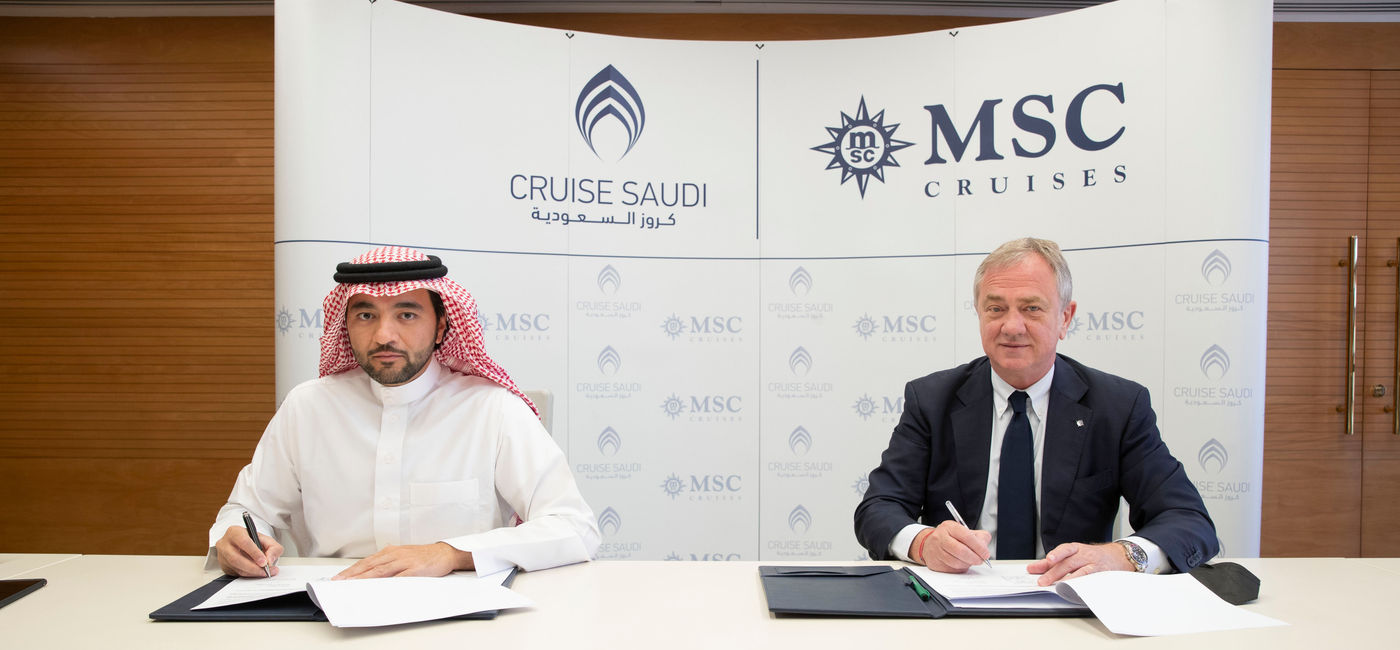 Image: Pierfrancesco Vago of MSC Cruises, right, and Fawaz Farooqui of Cruise Saudi. (Photo via MSC Cruises)