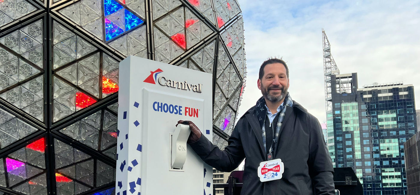 Image: Josh Weinstein, President & CEO and Chief Climate Officer of Carnival Corporation & plc, joins the testing of the switch for the iconic New Year’s Eve Ball in New York’s Times Square on Saturday, Dec. 30. Weinstein flipped the switch officially to light the ball during the Times Square New Year’s Eve celebration on Sunday night. (Photo Credit: Carnival Cruise Line)
