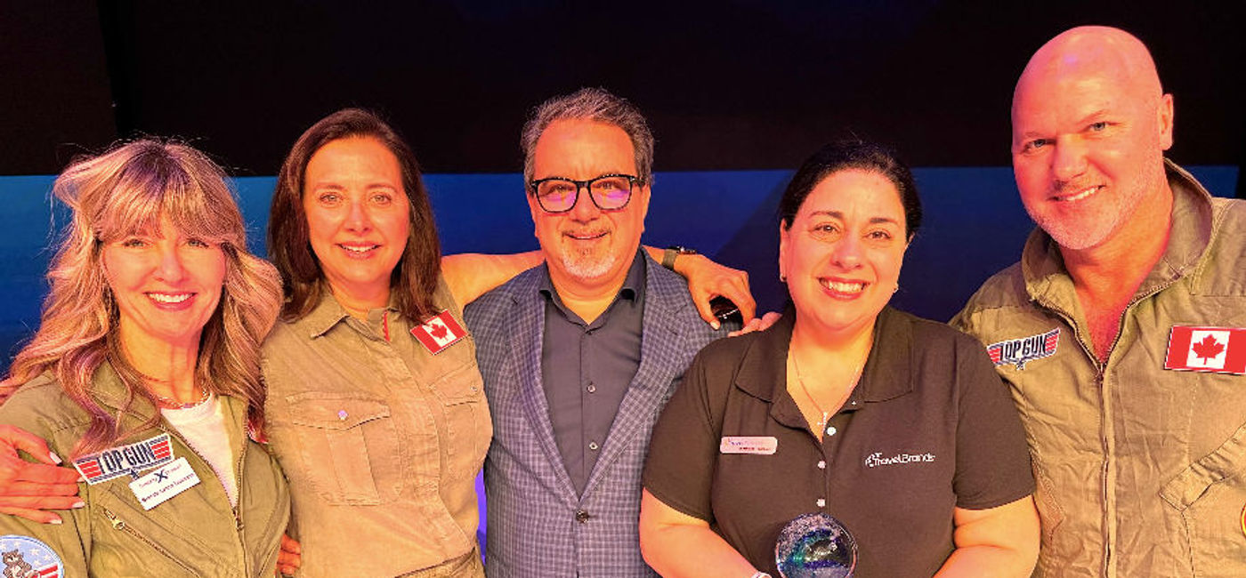 Image: TravelBrands was named Tour Operator of the Year for 2022 by Celebrity Cruises. L to R: Brenda Yeomans, Director National Accounts for Celebrity; Dondra Ritzenthaler, SVP Sales, Celebrity; Frank DeMarinis and Natalie Thanious, TravelBrands and Alan Brooks, Canadian Sales Director, Celebrity. (TravelPulse Canada)