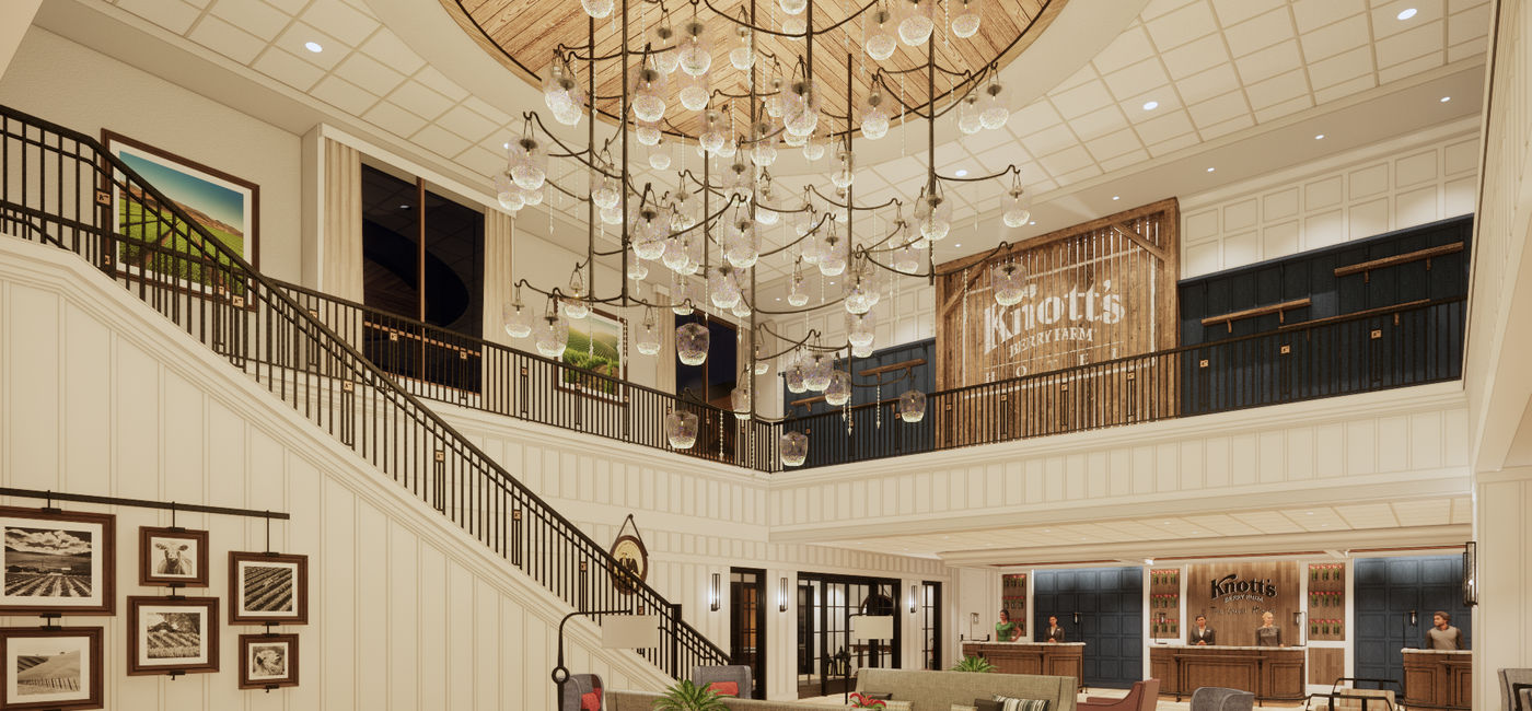 Image: Lobby of the new Knott's Hotel, set to debut in Fall 2023.  (Source: Knott's Berry Farm)