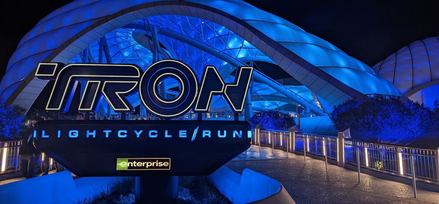 Image: The entrance to TRON Lightcycle / Run at night. (Photo Credit: Eric Bowman)