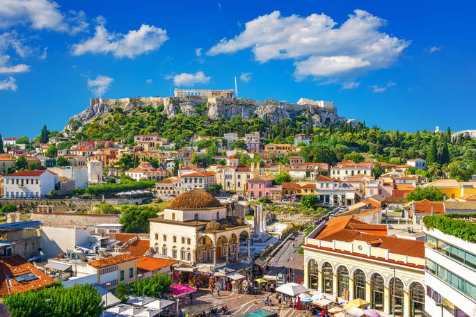 View of the Acropolis from the Plaka, Athens, Greece View of the Acropolis from the Plaka, Athens, Greece