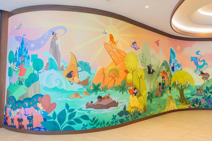 The one-of-a-kind mural in the lobby of the Villas at Disneyland Hotel created by Disney Animation artist Lorelay Bov. The one-of-a-kind mural in the lobby of the Villas at Disneyland Hotel created by Disney Animation artist Lorelay Bov.