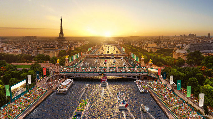 Rendering of the opening ceremony for the Olympic Games Paris 2024. Olympic Games Paris 2024, Paris, Seine, Eiffel Tower, opening ceremony