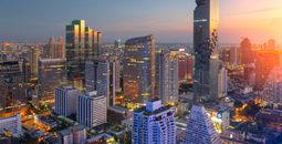 Aerial view of Bangkok modern office buildings, condominium