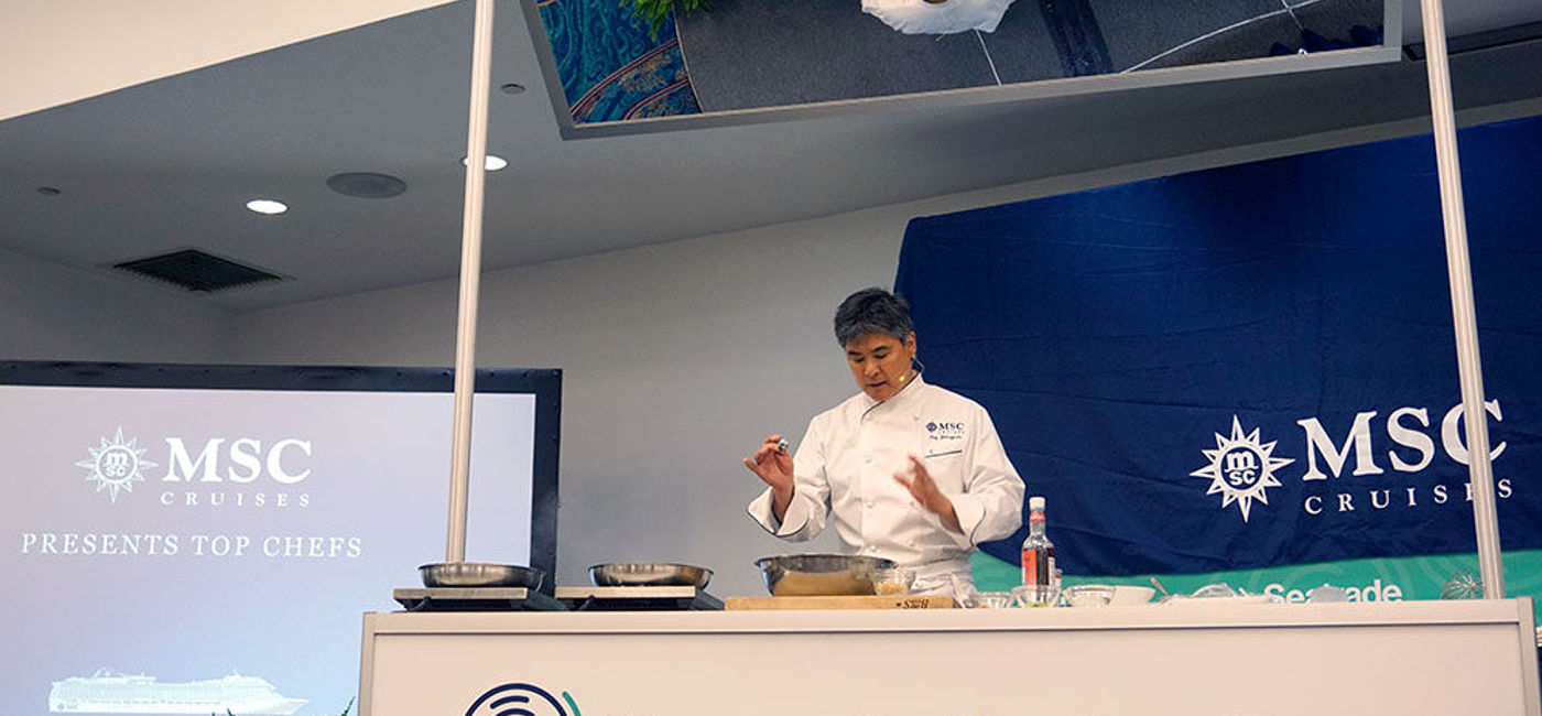 Image: PHOTO: Chef Roy Yamaguchi and MSC Cruises at Seatrade Cruise Global 2016. (Photo by Jason Leppert)
