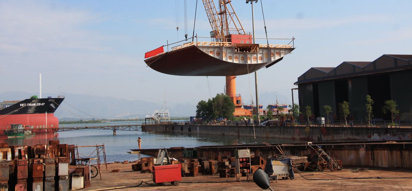 Image: The Emerald Sakaras's keel is lifted to its position where the rest of the ship will be built on top of it. (photo via Emerald Cruises) ((photo via Emerald Cruises))