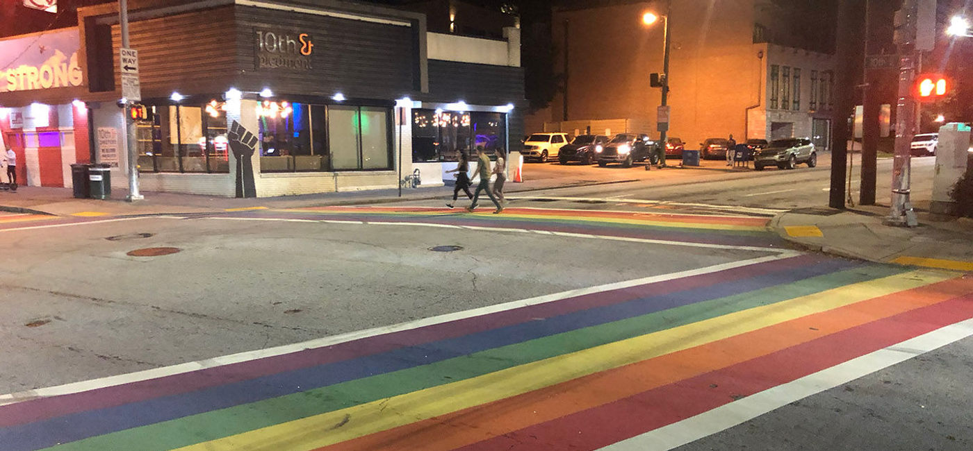 Image: Atlanta rainbow crosswalks at 10th and Piedmont in Midtown. (Photo by Paul Heney) (Photo by Paul Heney.)