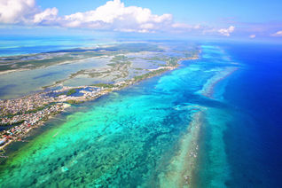 San Pedro Town and the Belize Barrier Reef beyond on Ambergris Caye, Belize.