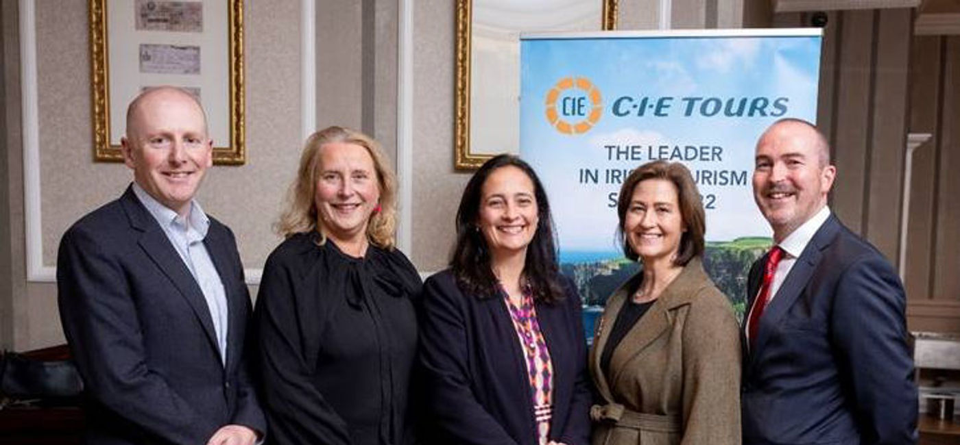 Image: From left to right: Lorcan OConnor, Group CEO, CI? Group; Fiona Ross, Chair, CI? Group; Catherine Martin, Minister for Tourism, Culture, Arts, Gaeltacht, Sport and Media; Elizabeth Crabill, CEO, CIE Tours; and Stephen Cotter, COO, CIE Tours. (photo courtesy of CIE Tours)