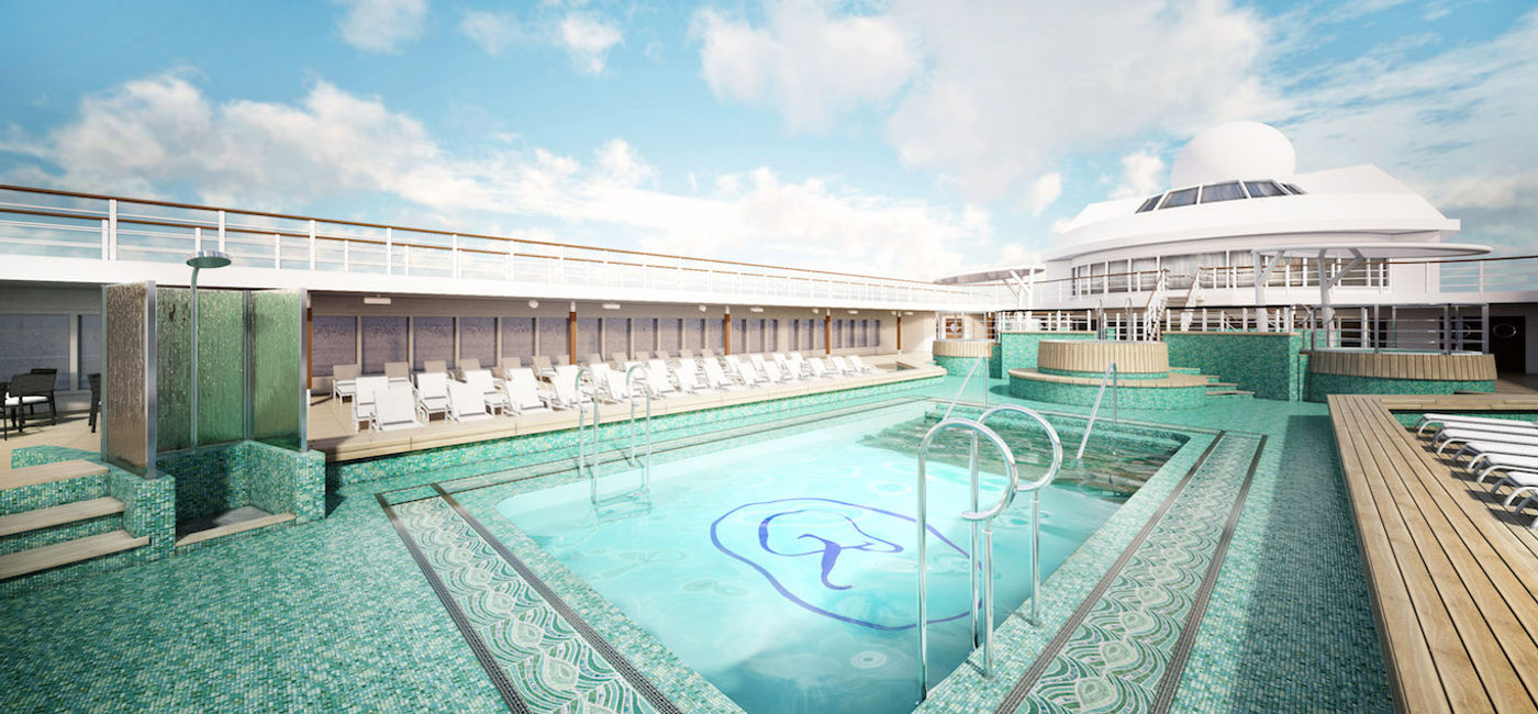 Image: The pool deck aboard the Seven Seas Mariner will undergo a comprehensive redesign, creating a new open layout with teak flooring throughout.(Courtesy Regent Seven Seas) (Regent Seven Seas Cruises)