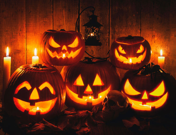 Jack-o-Lanterns displayed during Halloween.