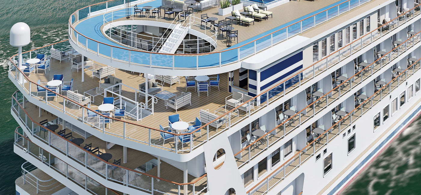 Image: The Skywalk is cantilevered over the fourth deck on American Cruise Lines' two new modern riverboats. (Rendering via American Cruise Lines)