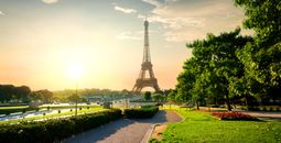 Eiffel tower near green park in Paris, France
