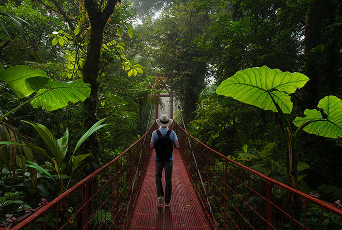 Backpacker walking on a suspension bridge in Monteverde Cloud Forest