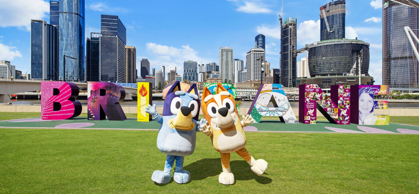 Image: Bluey and Bingo in Brisbane. (Photo Credit: Bluey's World Media)